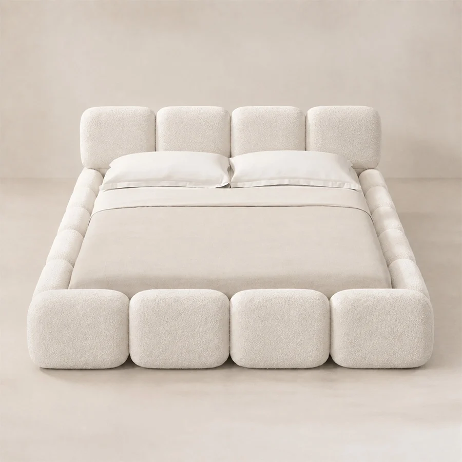 Premium Mirelle Bed Front view of Mirelle Upholstered Bed in off-white boucle fabric.