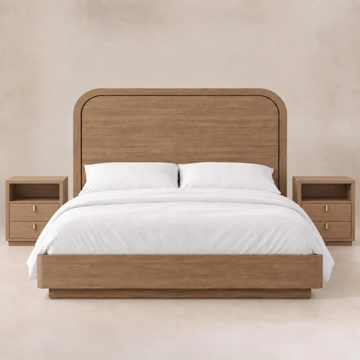 Front view of Soreven Archline Bed Set in Warm Walnut finish with arched panel headboard and matching bedside tables.