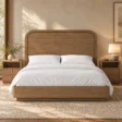 Soreven Archline Bed Set in Warm Walnut finish with matching bedside tables in a styled modern bedroom.