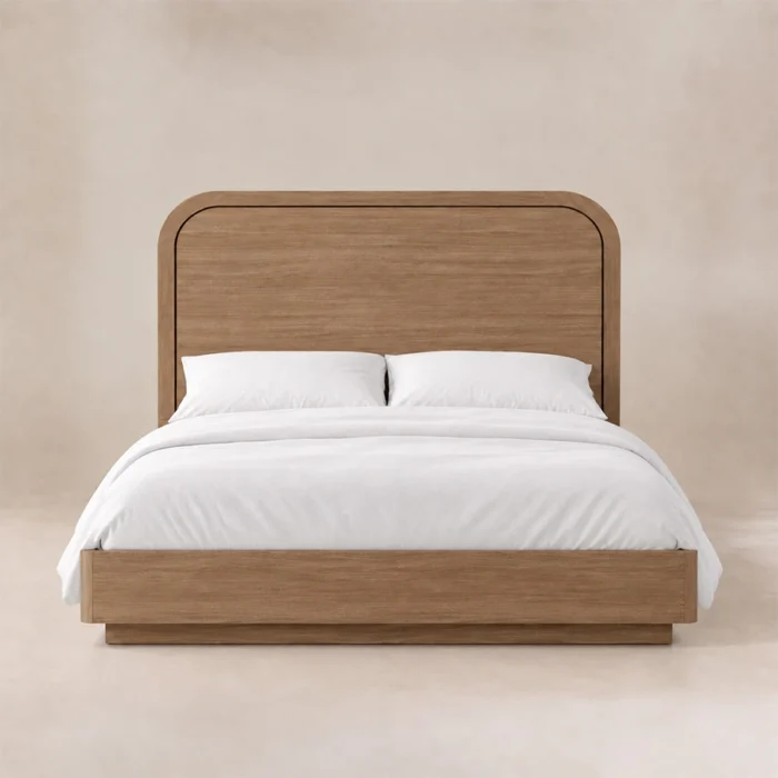 Front view of Soreven Archline Bed in Warm Walnut finish with rounded arched headboard and low platform frame.