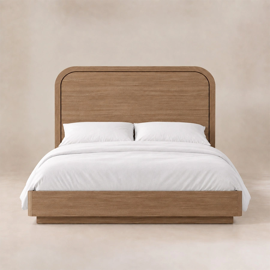 Front view of Soreven Archline Bed in Warm Walnut finish with rounded arched headboard and low platform frame.