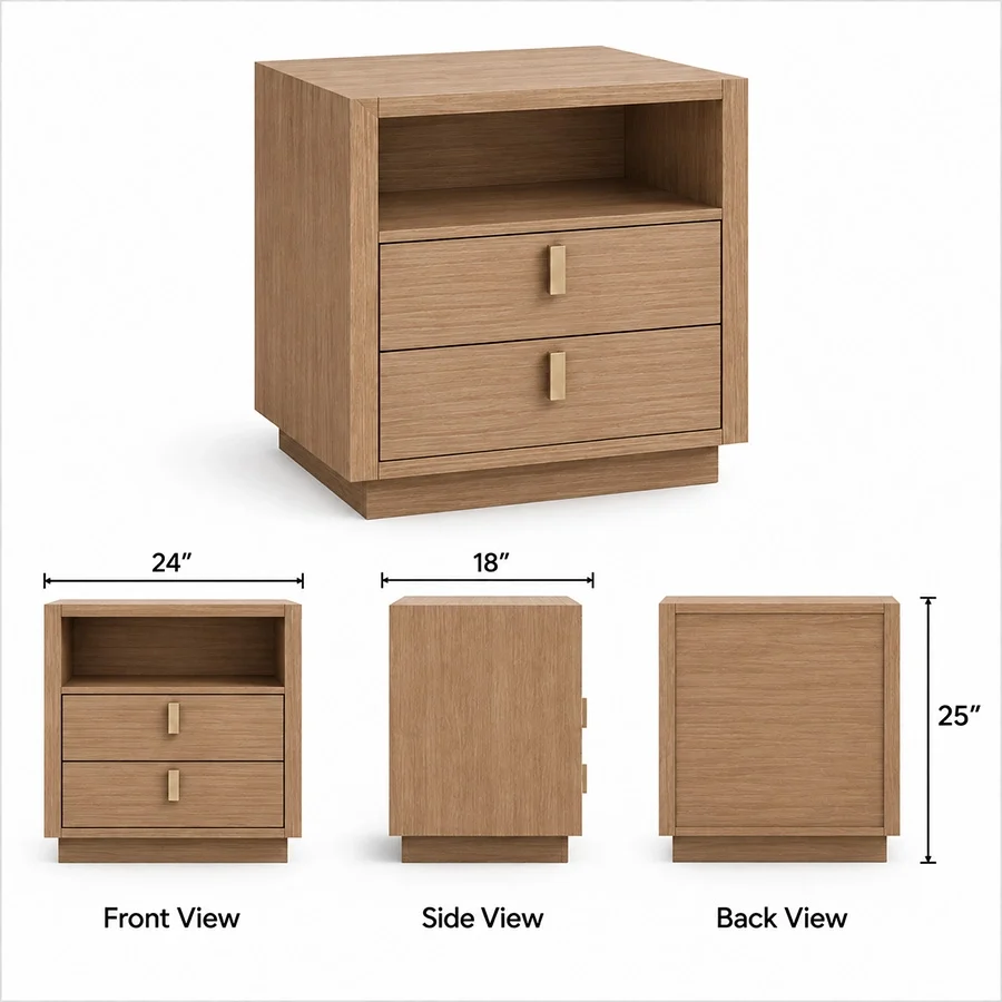 Soreven Archline bedside table dimensions showing 24-inch width, 18-inch depth, and 25-inch height.