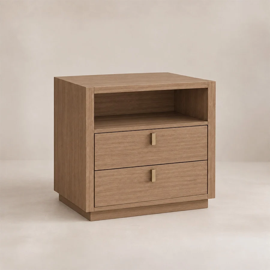 Angled view of Soreven Archline bedside table in Warm Walnut finish with open shelf, two drawers, and brass handles.