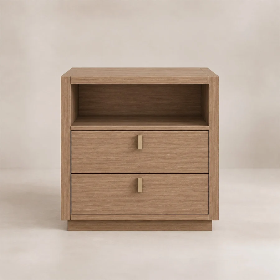 Front view of Soreven Archline matching bedside table in Warm Walnut finish with open shelf, two drawers, and brass handles.
