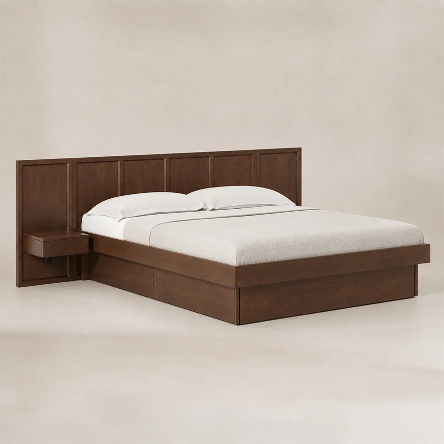 Veyran Wooden Bed Angled view of modern wooden storage bed with panel headboard and integrated bedside shelf.