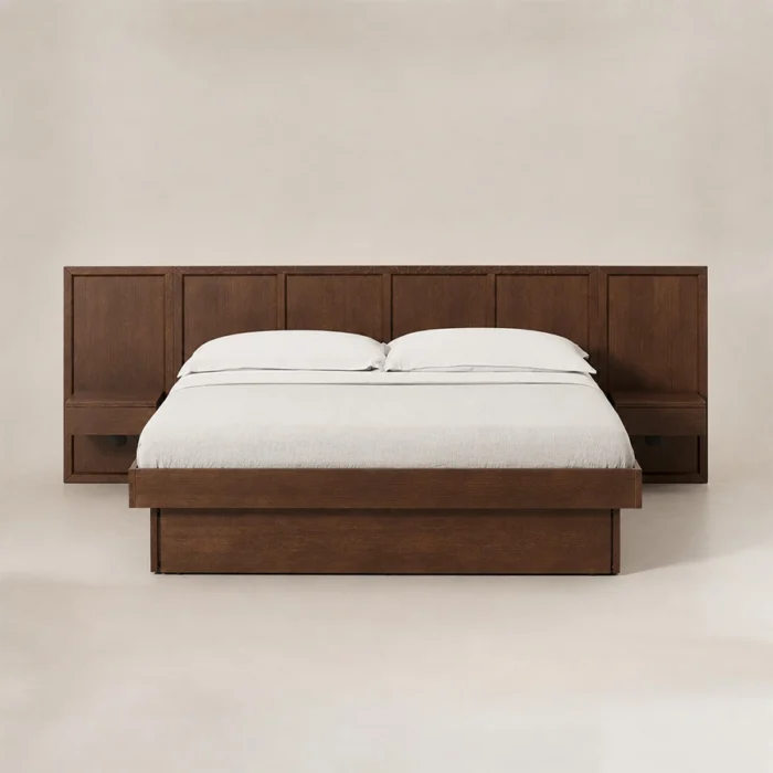 Front view of Veyran Wooden Storage Bed with wide panel headboard, integrated bedside storage, and dark wood finish.