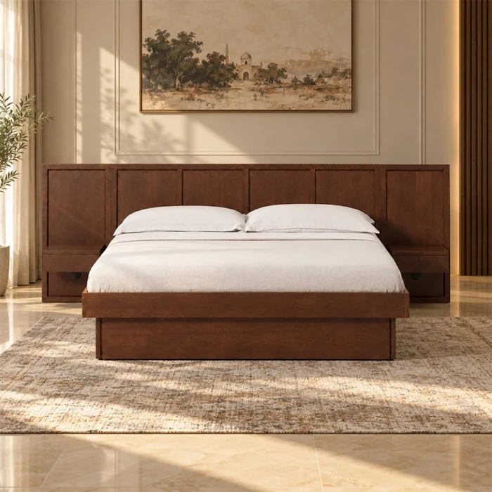 Veyran Wooden Storage Bed Set in Deep Brown finish with integrated bedside tables and under-bed storage.