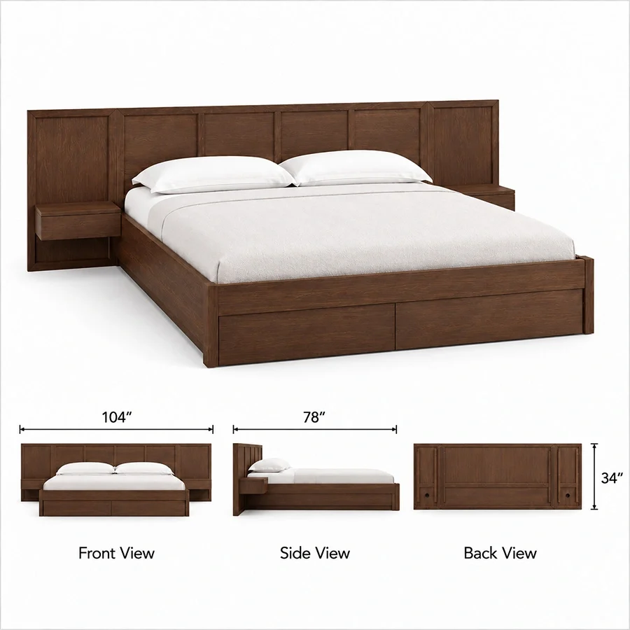 Veyran Wooden Storage Bed Set in brown Veyran Wooden Storage Bed Set king size dimensions showing 104-inch width, 78-inch length, and 34-inch height.