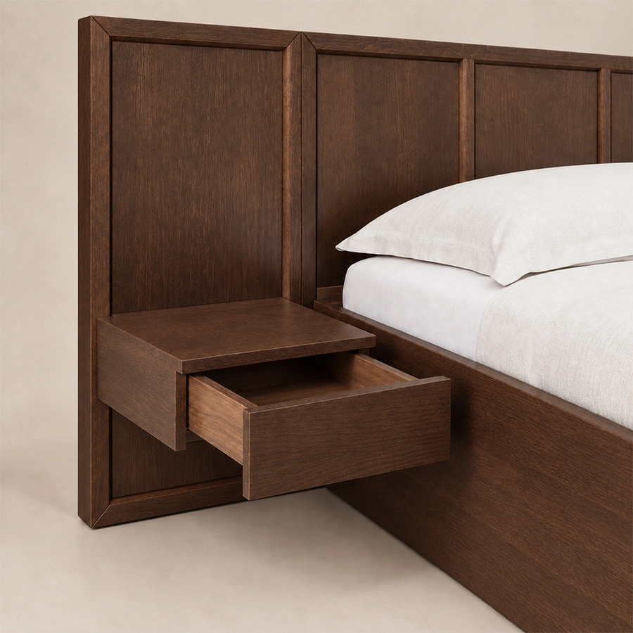 Close-up of Veyran Wooden Storage Bed with integrated bedside drawer and dark wood panel headboard.