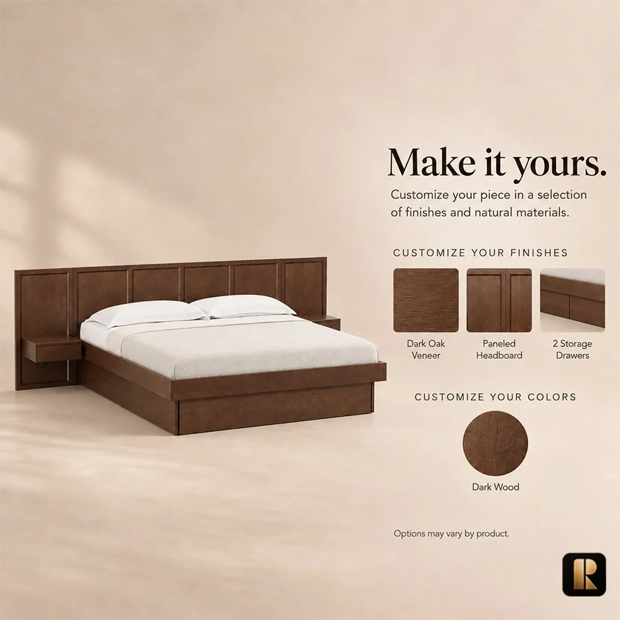 Veyran Wooden Storage Bed color choice Veyran Wooden Storage Bed customization guide with dark oak veneer, paneled headboard, built-in storage drawers, and dark wood finish.