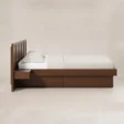 Side view of Veyran Wooden Storage Bed with dark wood frame, integrated bedside shelf, and under-bed storage.