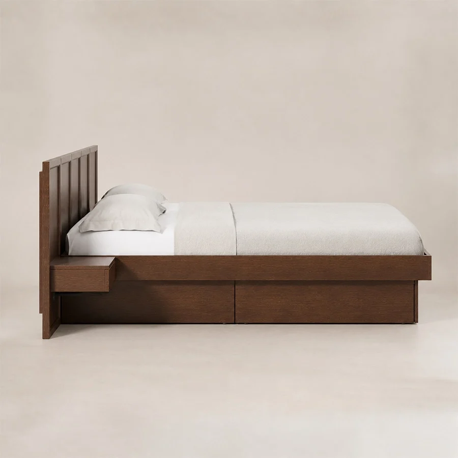 Veyran Wooden Storage Bed side view Side view of Veyran Wooden Storage Bed with dark wood frame, integrated bedside shelf, and under-bed storage.