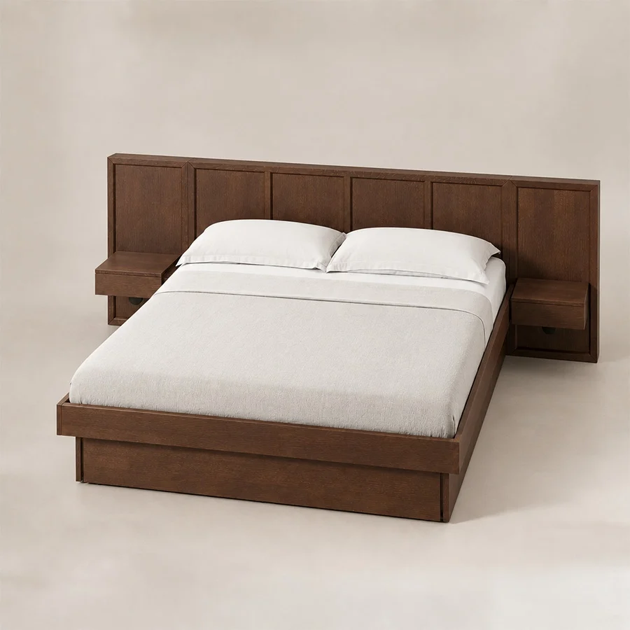 Veyran Wooden Storage Bed top view Angled top view of Veyran Wooden Storage Bed in Deep Brown finish with paneled headboard, integrated bedside tables, and under-bed storage.