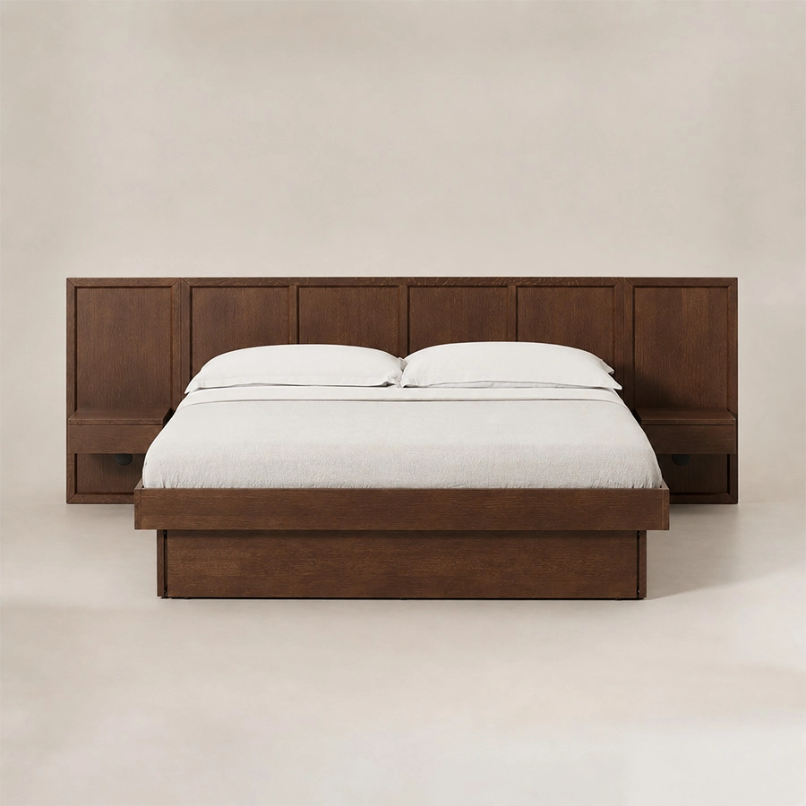 Front view of Veyran Wooden Storage Bed with wide panel headboard, integrated bedside storage, and dark wood finish.