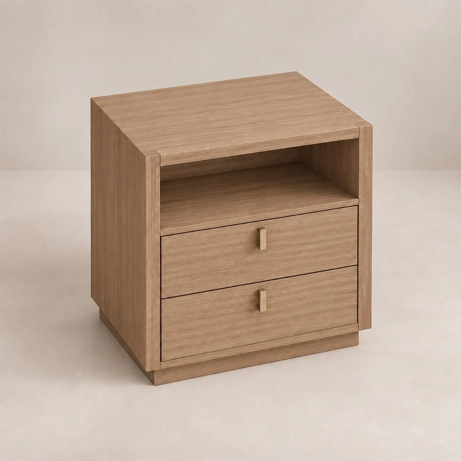 Angled view of Soreven Archline bedside table in Warm Walnut finish with open shelf, two drawers, and brass handles.