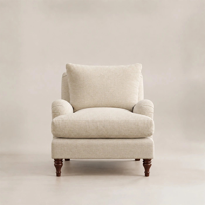 Front view of Beige Langmere English Armchair with cushioned seat and arms