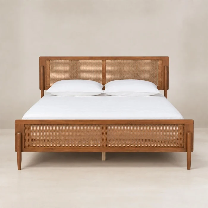 now give alt text Maroven Grid Bed Set with natural cane headboard and footboard, solid Sheesham frame, and tapered wooden legs.