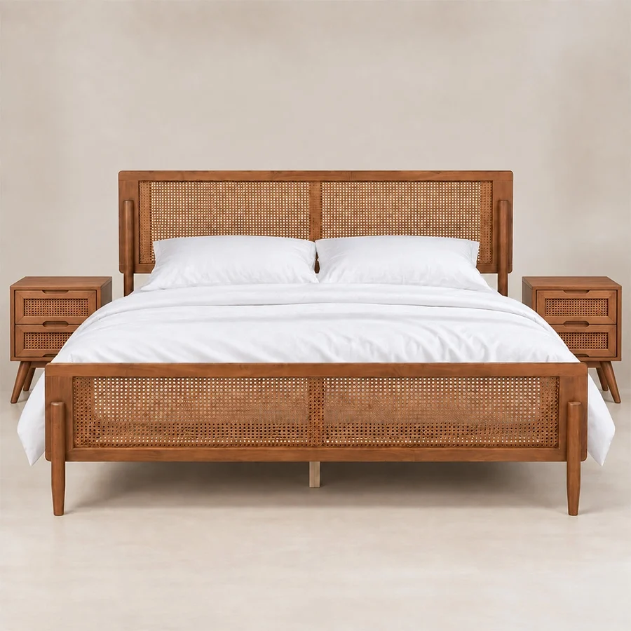 Maroven Grid Bed Set Maroven Grid Bed Set in warm wood finish with woven cane headboard, matching cane footboard, and two bedside tables.