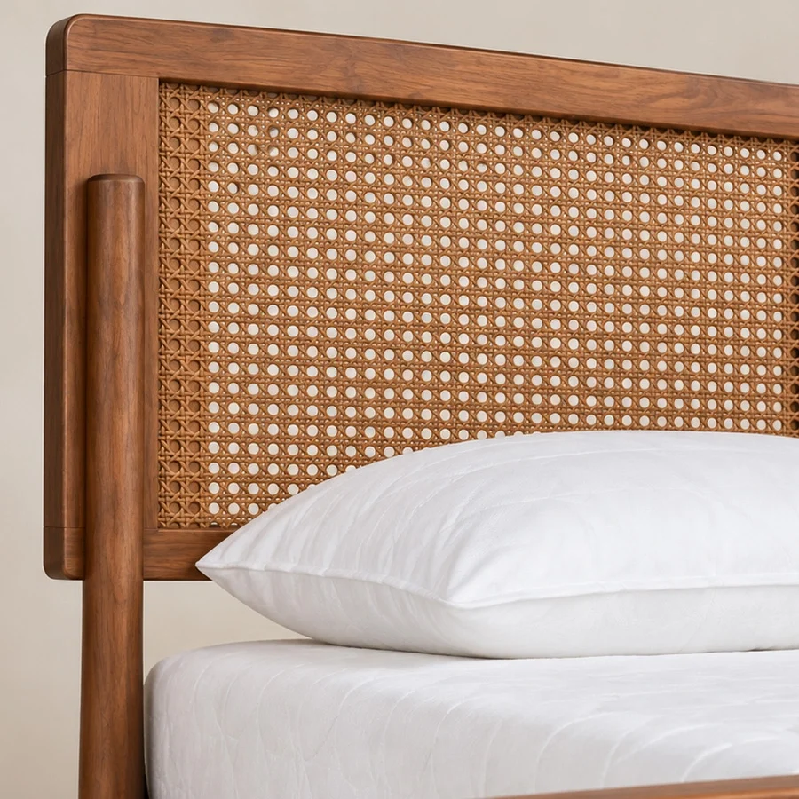 Maroven Grid Bed Set close up view Close-up of Maroven Grid Bed Set showing the warm wood frame and woven cane headboard detail.
