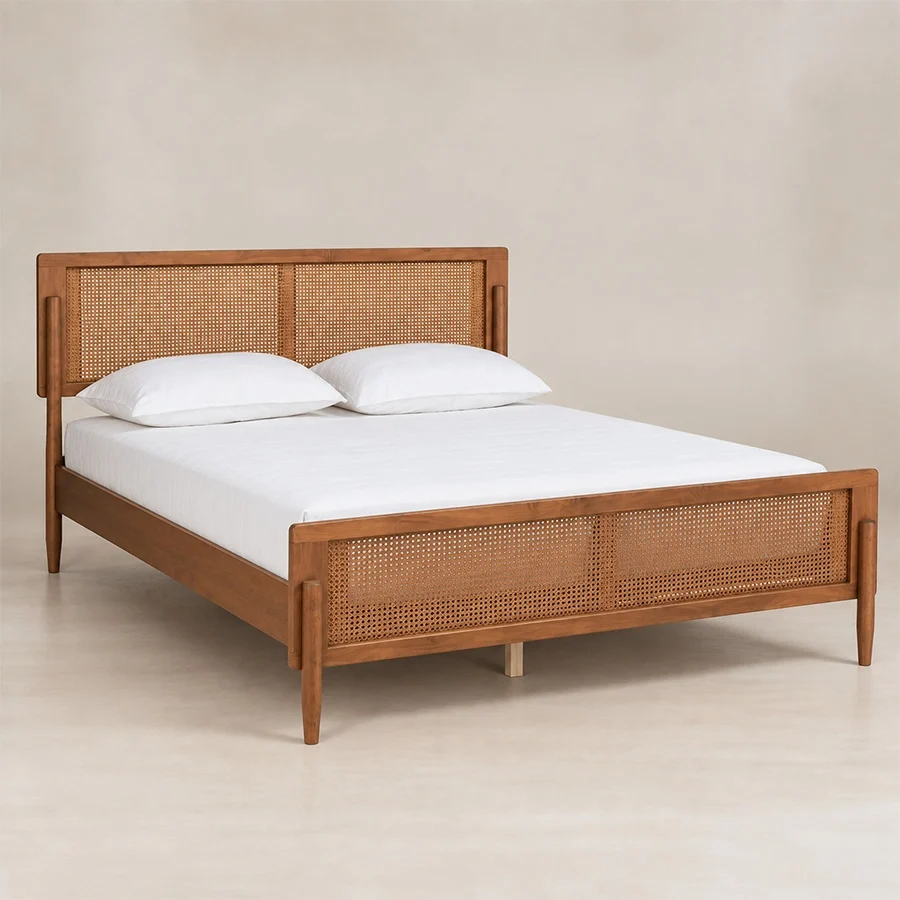 Maroven Grid Bed Set side view Angled view of Maroven Grid Wooden Bed in warm wood finish with woven cane headboard, footboard, and tapered legs.