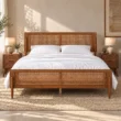 Maroven Grid Bed Set in warm wood and woven cane finish with matching bedside tables in a styled bedroom.