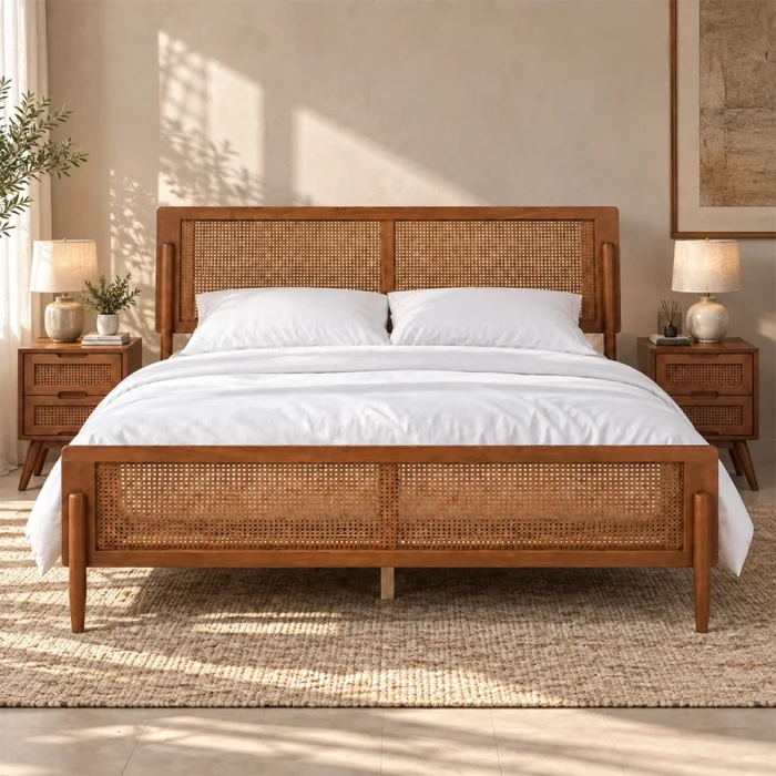 Maroven Grid Bed Set in warm wood and woven cane finish with matching bedside tables in a styled bedroom.