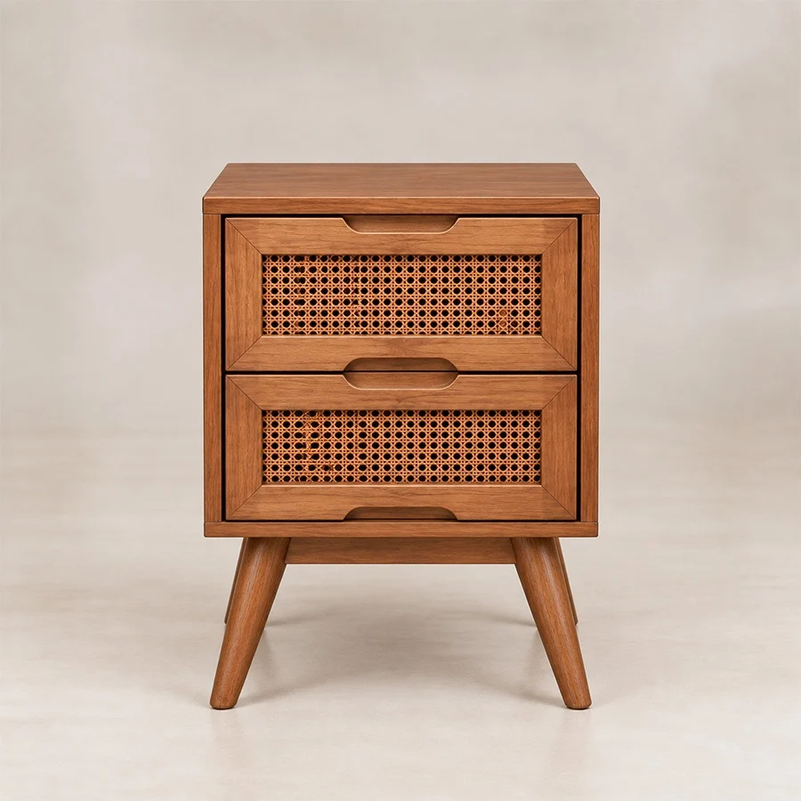 Maroven Grid sidetable Front view of Maroven Grid matching two-drawer bedside table in Ash Walnut finish with woven rattan drawer fronts and tapered wooden legs.