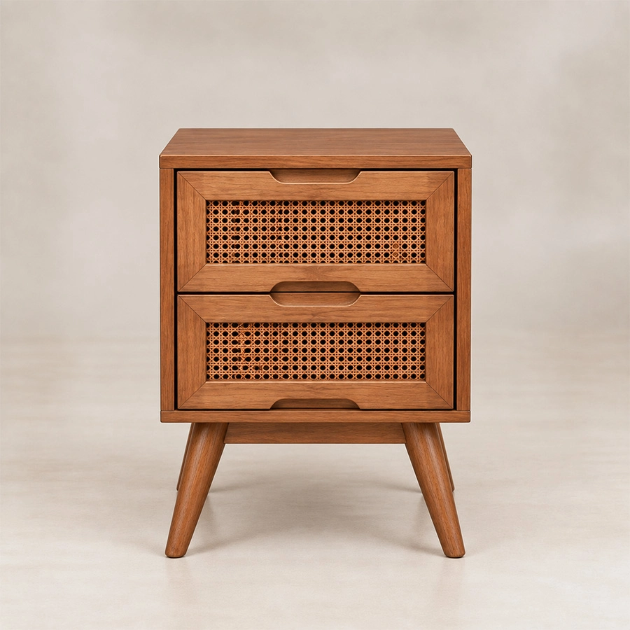 Front view of Maroven Grid matching two-drawer bedside table in Ash Walnut finish with woven rattan drawer fronts and tapered wooden legs.
