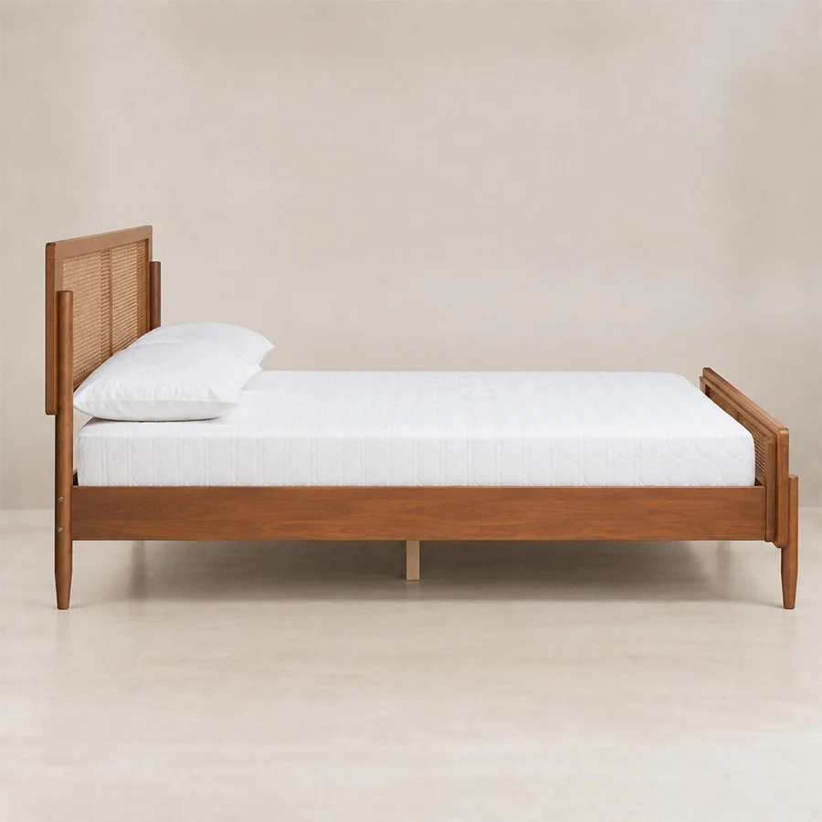 Maroven platform Grid Bed Set Side view of Maroven Platform Grid Bed in warm wood finish with woven cane headboard, raised wooden frame, and tapered legs.
