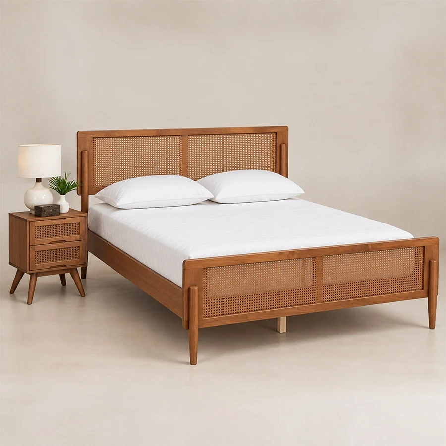 Maroven wooden Grid Bed Set Angled view of Maroven Grid Bed Set in warm wood finish with woven cane headboard, footboard, and matching bedside table.