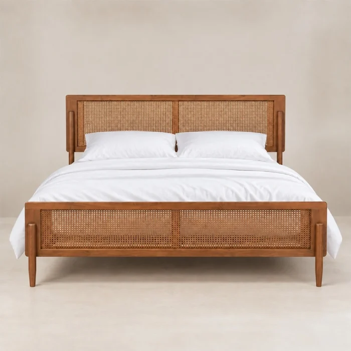 Maroven Grid wood and cane bed set front view
